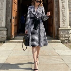A379 Nancy SubtleGlam Black White Houndstooth Wrap Dress Rhinestone Collar NWT M
